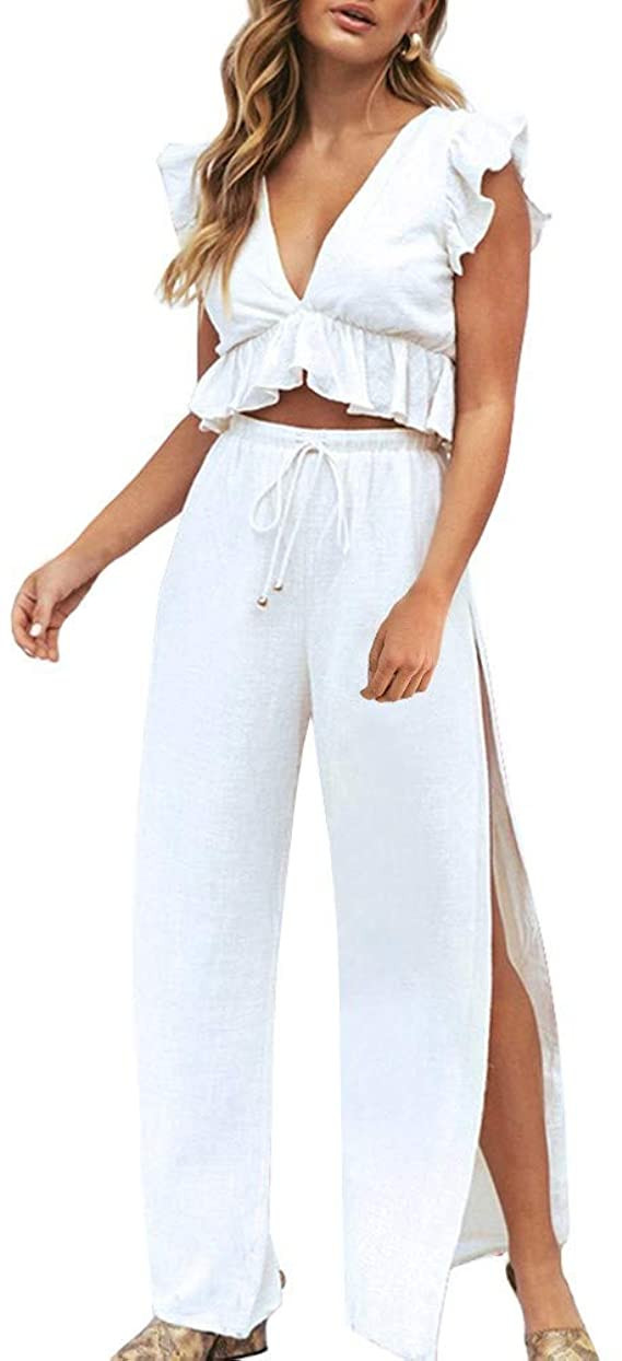FANCYINN Womens 2 Pieces Outfits Deep V Neck Crop Top Side Slit Drawstring Wide Leg Pants Set Jum... | Amazon (US)