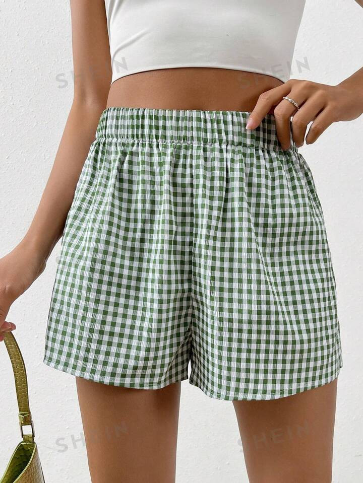 SHEIN EZwear Gingham Print Elastic Waist Shorts | SHEIN