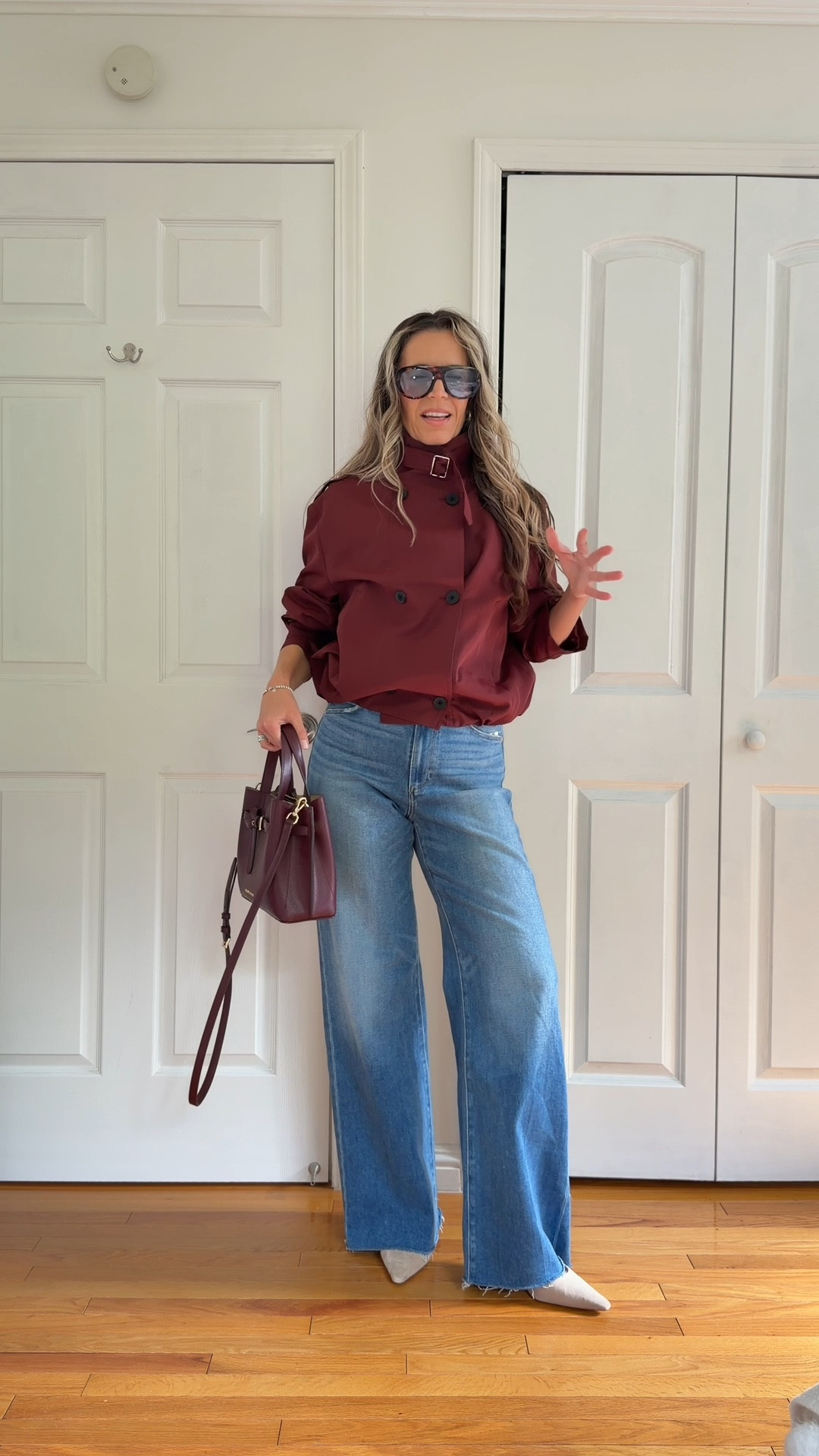 Sz S burgundy funnel neck short trench
Perfect for fall outfits or family photos
Use my discount code justglow011_12 for 12% off

Jeans sz 27 - the best!

I’m 5’5” 122 lbs 

Burgundy bag is leather and great quality

#LTKWorkwear #LTKSeasonal #LTKFindsUnder100