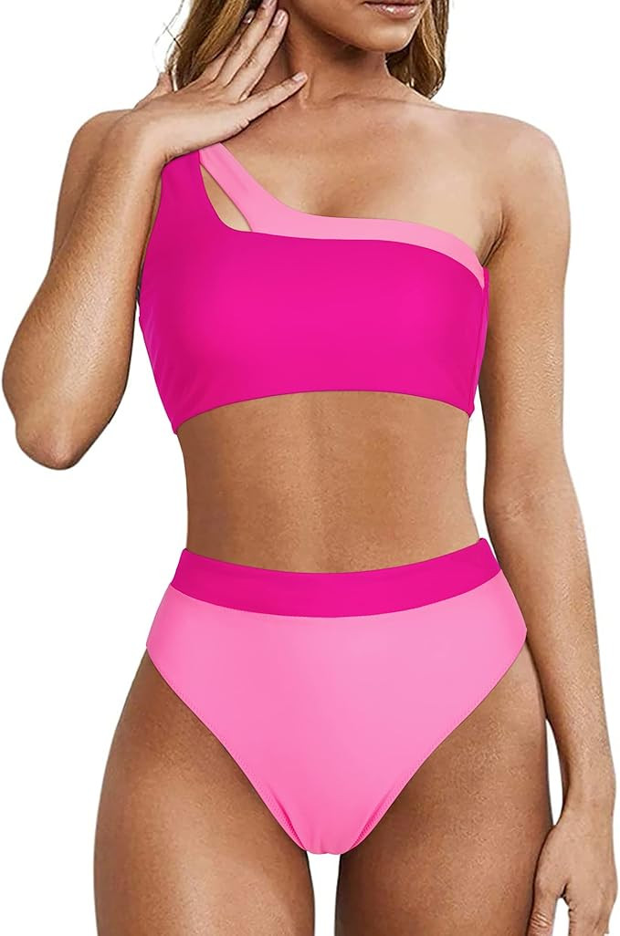 MOOSLOVER Women Cutout One Shoulder High Waisted Bikini High Cut Two Piece Swimsuits | Amazon (US)