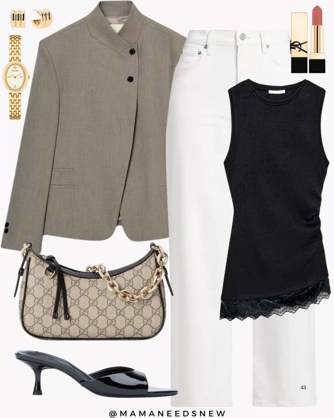 A spring outfit with a high collar blazer, white jeans, black lace trim sleeveless top, shoulder bag, heels 🤍🖤

#LTKootd #LTKSeasonal #LTKSaleAlert