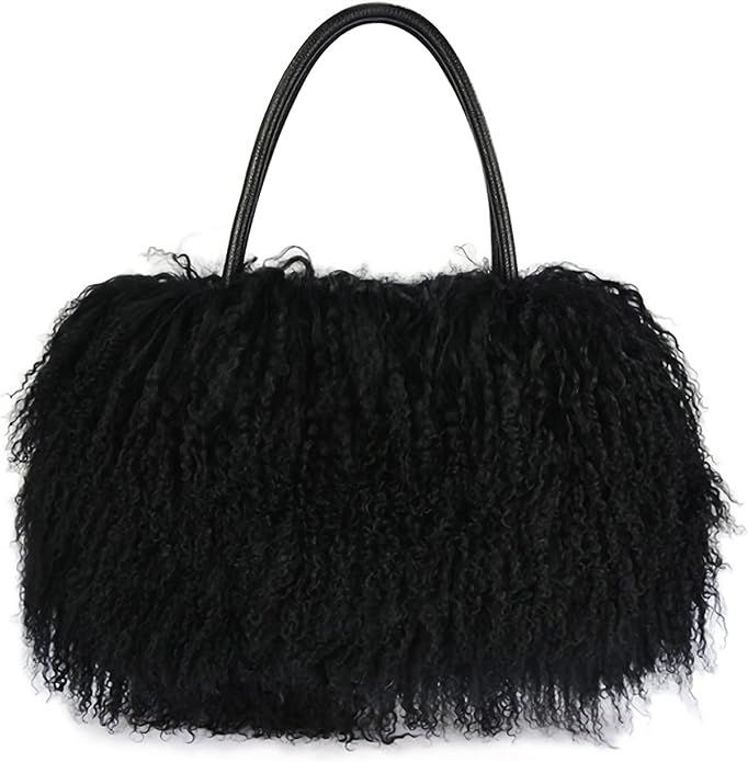 FINILUO Women Luxury Real Lamb/Mongolian Flush Wool Fur With Genuine Leather Handles Handbag | Amazon (US)