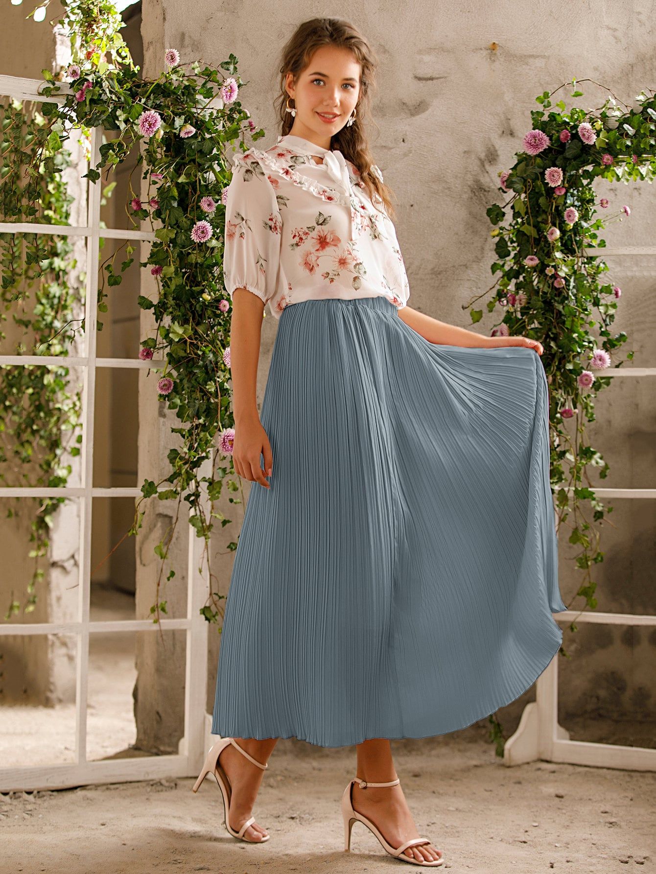 Elastic Waist Solid Pleated Skirt | SHEIN