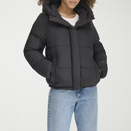 Dockers Womens Hooded Water Resistant Midweight Puffer Jacket, Large, Black | JCPenney