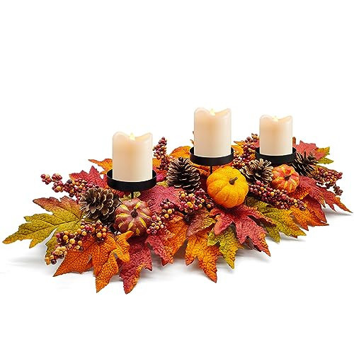 Fall Centerpiece Table Decorations, 27.5'' L Assorted Artificial Pumpkins, Pine Cones, Berries, and Autumn Leaves Harvest Table Candle Holder for Dinning Table, Fireplace Mantel (Candle Not Included) | Amazon (US)