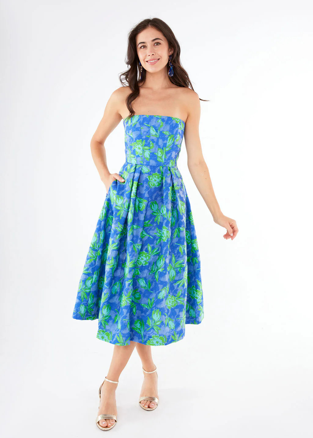 Catherine Dress Cobalt Tropical Tulip Jacquard | Abbey Glass