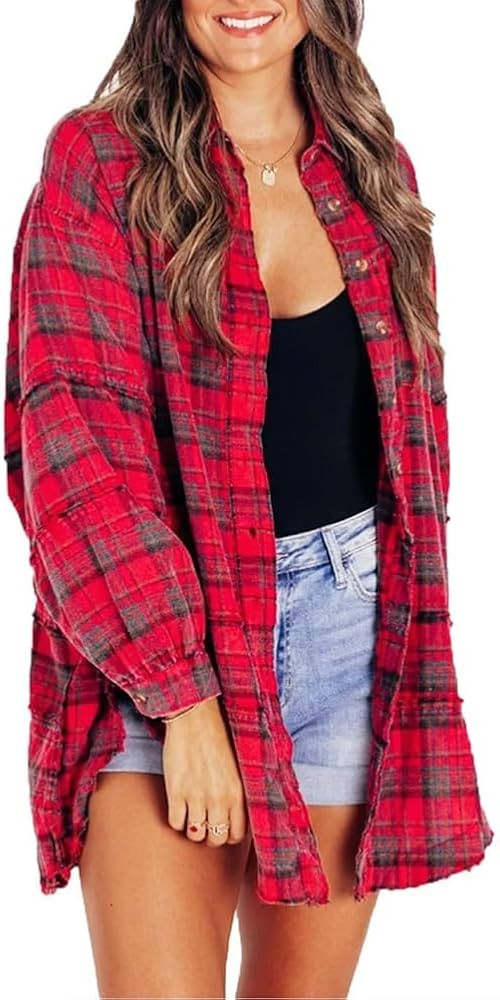 Women's Seams Raw Edge Washed Oversized Shirt Jacket with Pockets, Flannel Button Down Long Sleev... | Amazon (US)