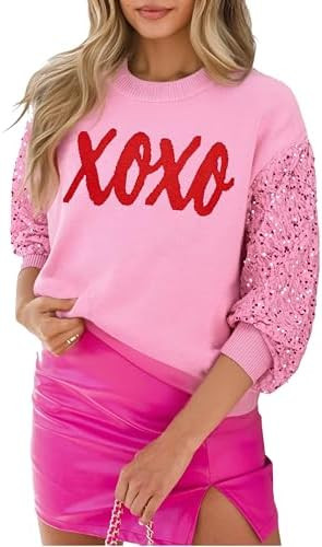 Valentines Sequin Sweater Womens Love Heart Valentines Day Outfit Crewneck Long Sleeve Holiday Kn... | Amazon (US)