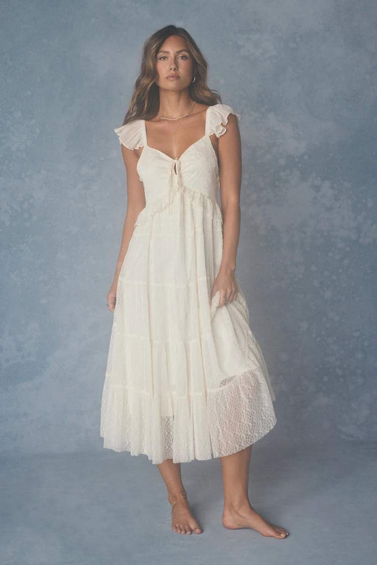 Meli Cream Mixed Media Tiered Midi Dress | white vacation dress | all white outfit  | Lulus