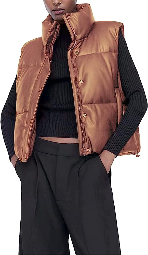 Ailoqing Women's Quilted Faux Leather Puffer Vest Collared Sleeveless Padded Jacket | Amazon (US)