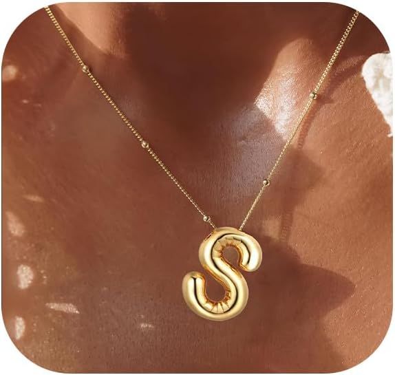 Gold Bubble Letter Necklace for Women Balloon Initial Pendant Dainty Alphabet Pendant 14K Gold Pl... | Amazon (US)
