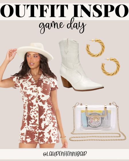 game day outfit inspo, college football, show me your mumu, amazon clear purse, gold hoop earrings, animal print romper, denim romper, matisse cowgirl boots, white booties

#LTKSeasonal #LTKU #LTKstyletip