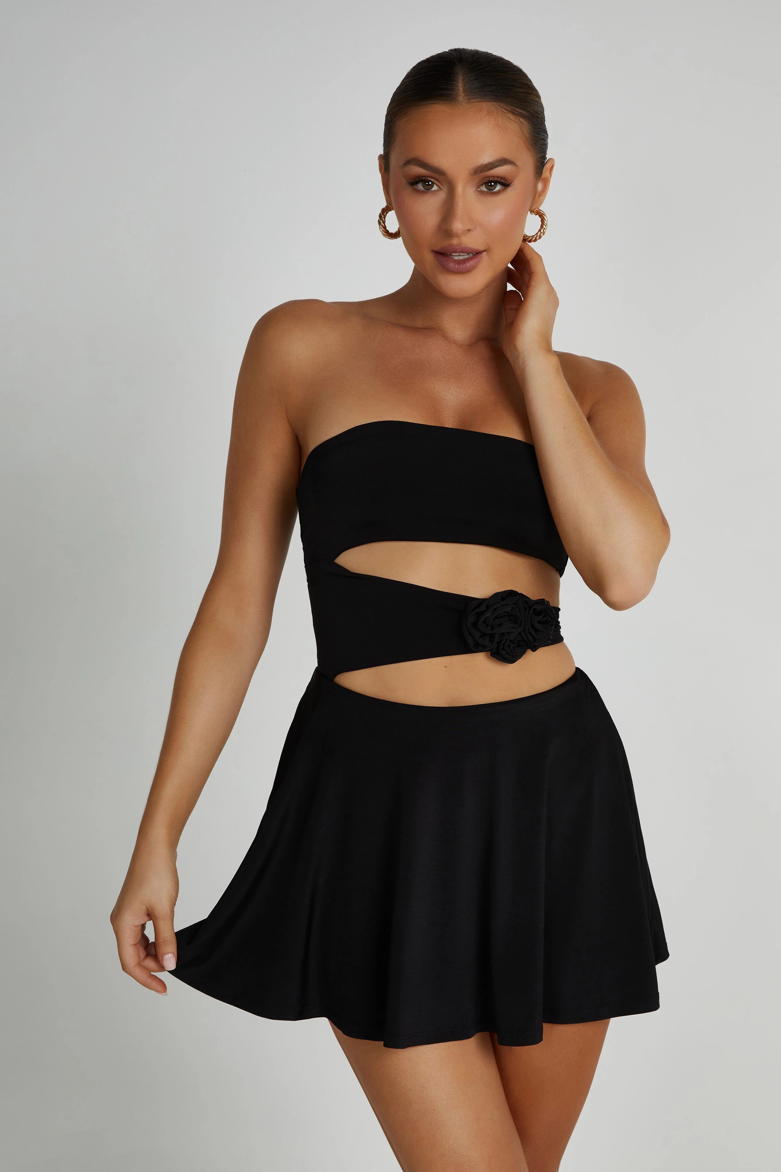 Montanna Strapless Rose Mini Dress - Black | MESHKI US