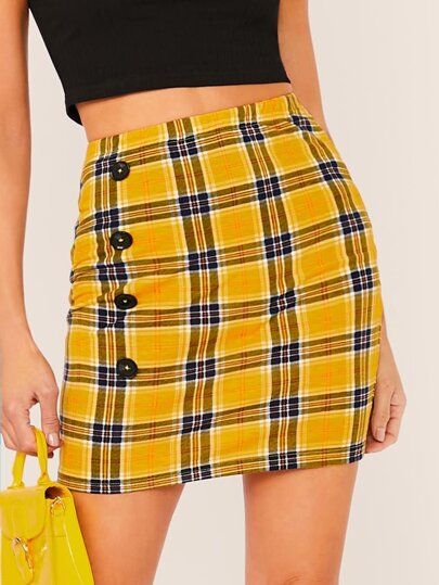 Buttoned Front Tartan Pencil Skirt | ROMWE