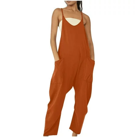 QUYUON Womens Casual Jumpsuit Overall Jumpsuit for Women Jumpsuit with Pockets for Women Summer Spaghetti Strap V-Neck Sleeveless Long Pants Rompers Jumpsuits Style 540 Orange S | Walmart (US)