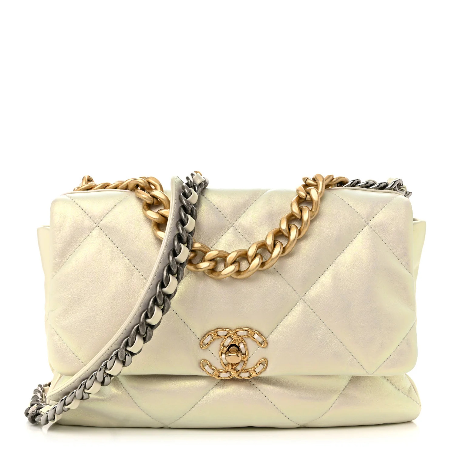 Iridescent Calfskin Quilted Large Chanel 19 Flap White | FASHIONPHILE (US)