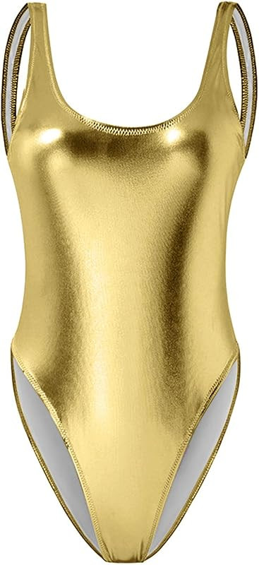 Women's Retro 80s/90s Metallic Shiny Gymnastics Backless High Leg Cut Dance Wear Bodysuit One Pie... | Amazon (US)