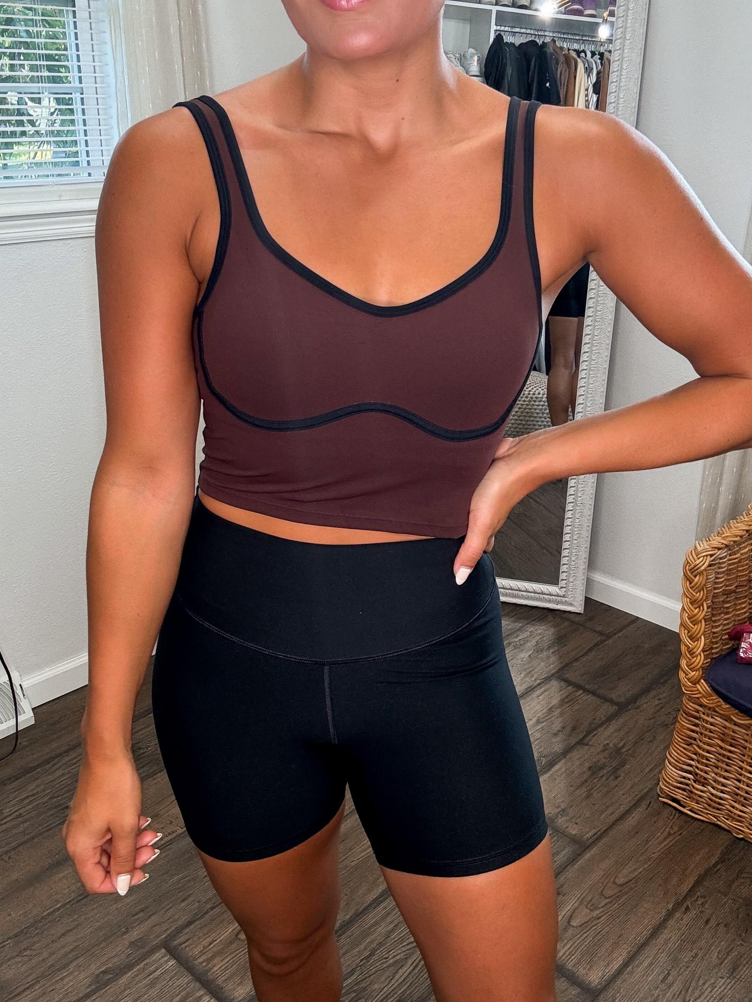 Small padded tank, small bike shorts 

#LTKStyleTip #LTKFitness #LTKActive