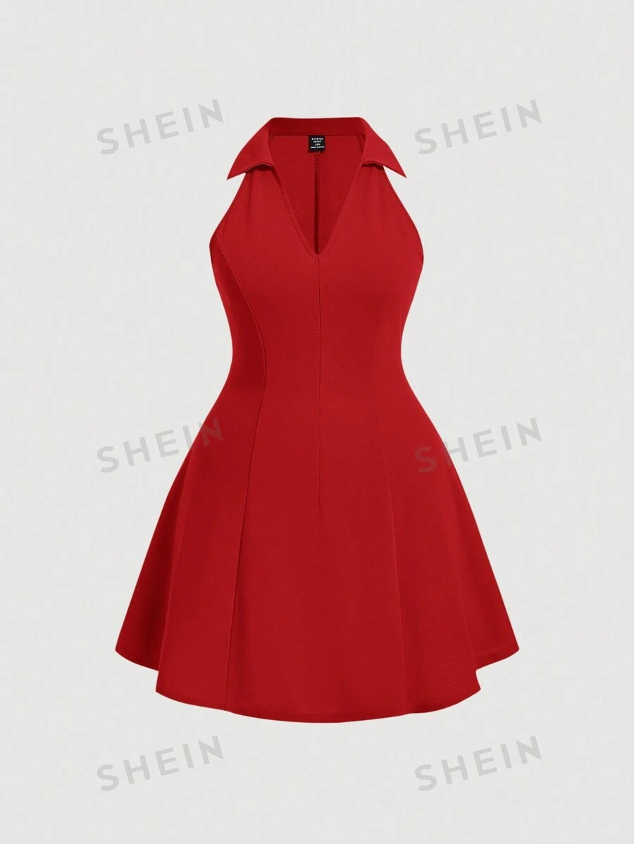 SHEIN MOD Plus Solid Halter Neck Backless Dress | SHEIN