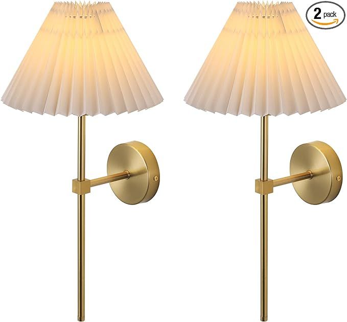 KELUOLY Wall Sconces Sets of 2 White Fabric lampshade Gold Wall Lamp Column Bracket Wall Lighting... | Amazon (US)