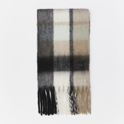 Black RI Studio oversized check scarf | River Island (UK & IE)