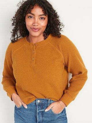 Loose Cropped Cozy Long-Sleeve Henley T-Shirt | Old Navy (US)