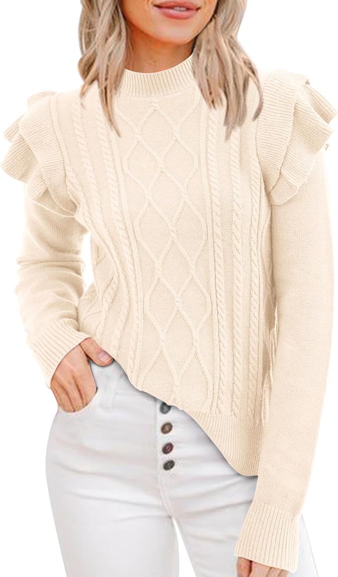 KIRUNDO Women's 2023 Fall Winter Fashion Ruffle Long Sleeve Chunky Cable Knit Sweater Casual Crew... | Amazon (US)