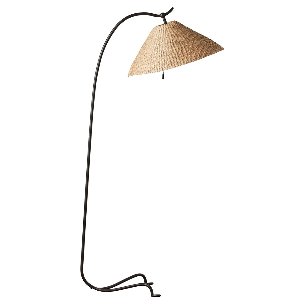 Camilla Coastal Seagrass Shade Black Iron Arched Floor Lamp | Kathy Kuo Home