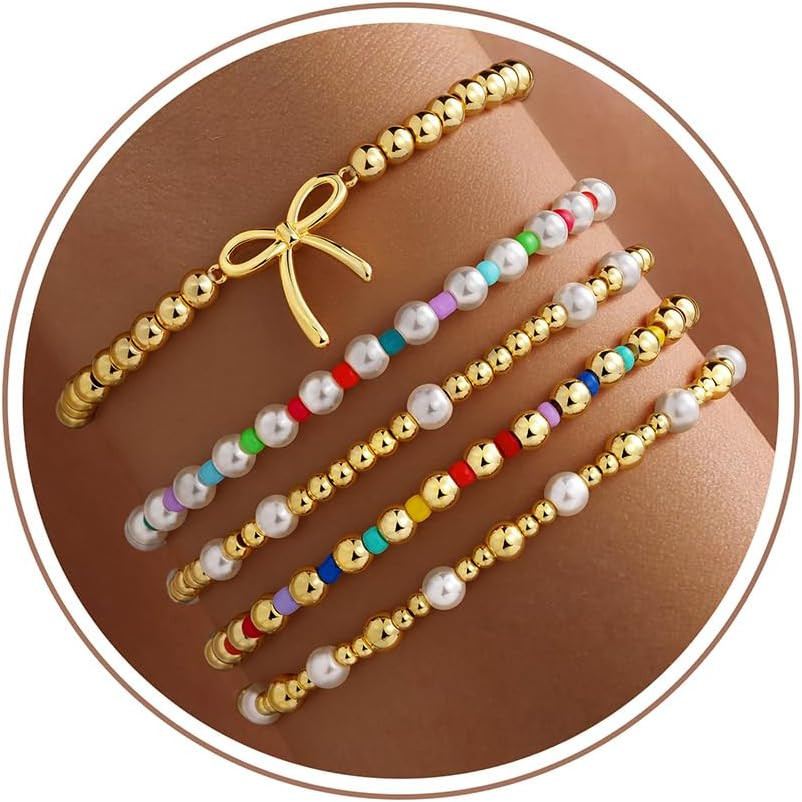Turandoss 5PCS 14K Gold Plated Beaded Stretch Bracelets Set for Women | Amazon (US)