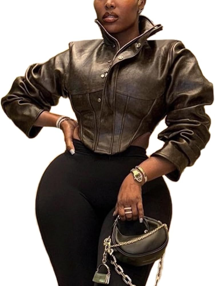 Women Faux Leather Jacket Retro Zip Up Motorcycle Long Sleeve Crop Bomber Jacket Y2K Irregular Le... | Amazon (US)