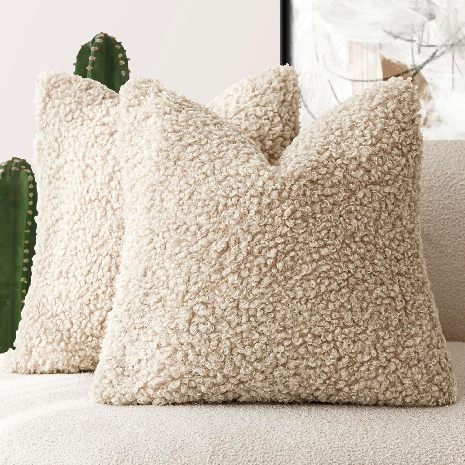 Foindtower 2 Pieces 20x20 Inch Light Khaki, Faux Fur Throw Pillow Cover Accent Sherpa Pillow Fuzzy Soft Pillowcases Sheepskin Decorative Fleece Cushion Case for Bed Couch Living Room | Amazon (US)
