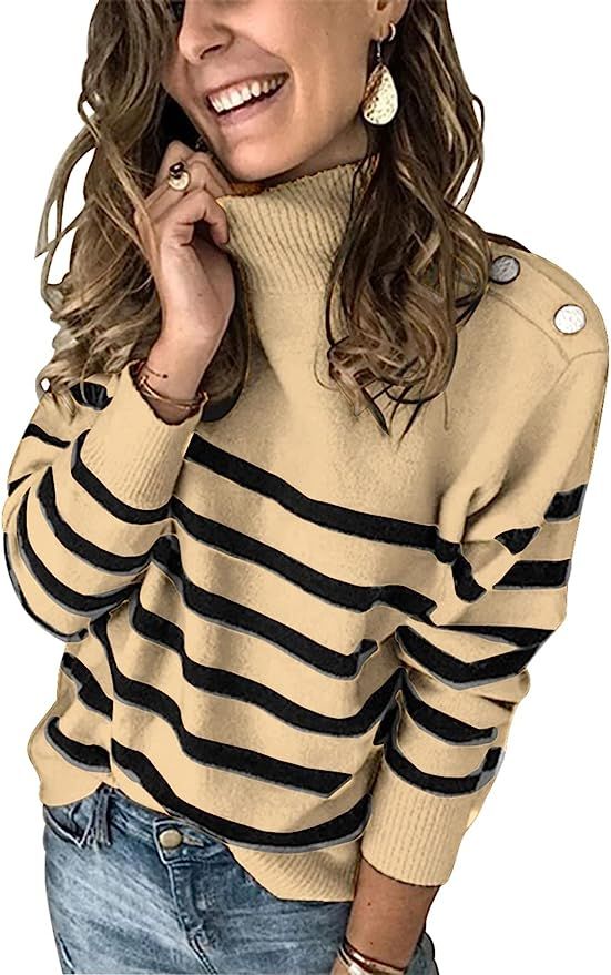 KIRUNDO 2021 Winter Women’s Long Sleeves Knit Sweater Turtleneck Striped Print Loose Pullover T... | Amazon (US)