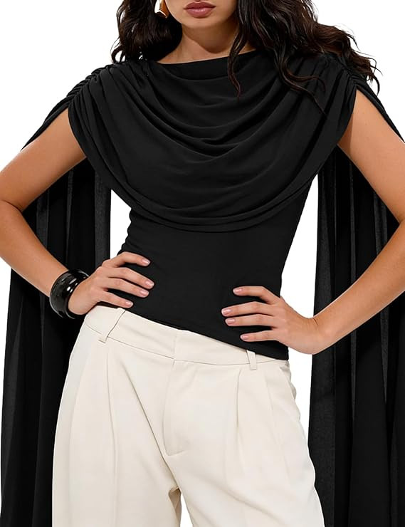 Women's Ruched Asymmetrical Tops Cap Sleeve Cowl Neck Draped Western Top Rodeo Country Concert Bi... | Amazon (US)