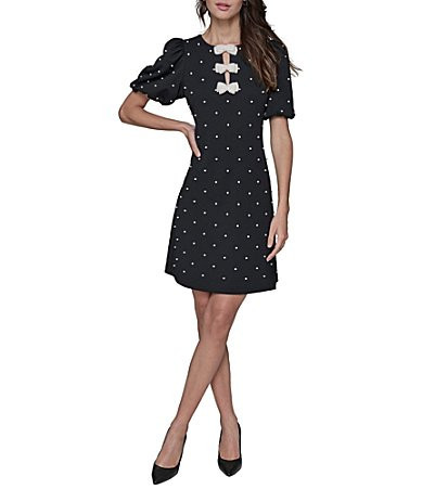 KARL LAGERFELD PARIS Dotted Scuba Crepe Round Neck Short Puff Sleeve Pearl Bow Sheath Dress - 8 | Dillard's