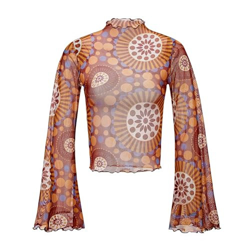 Durio Disco Outfits 70's Bell Sleeve Top for Women Vintage 70s Shirts Mock Neck Flare Sleeve Top Sheer Mesh Long Sleeve Tops for Women Crop Top T Shirt Vintage Geometric Medium | Amazon (US)