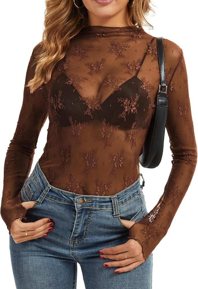 Women's Long Sleeve Lace Tops Mesh Tops Sheer Layering Top Sexy Mock Neck Floral See Through Shir... | Amazon (US)