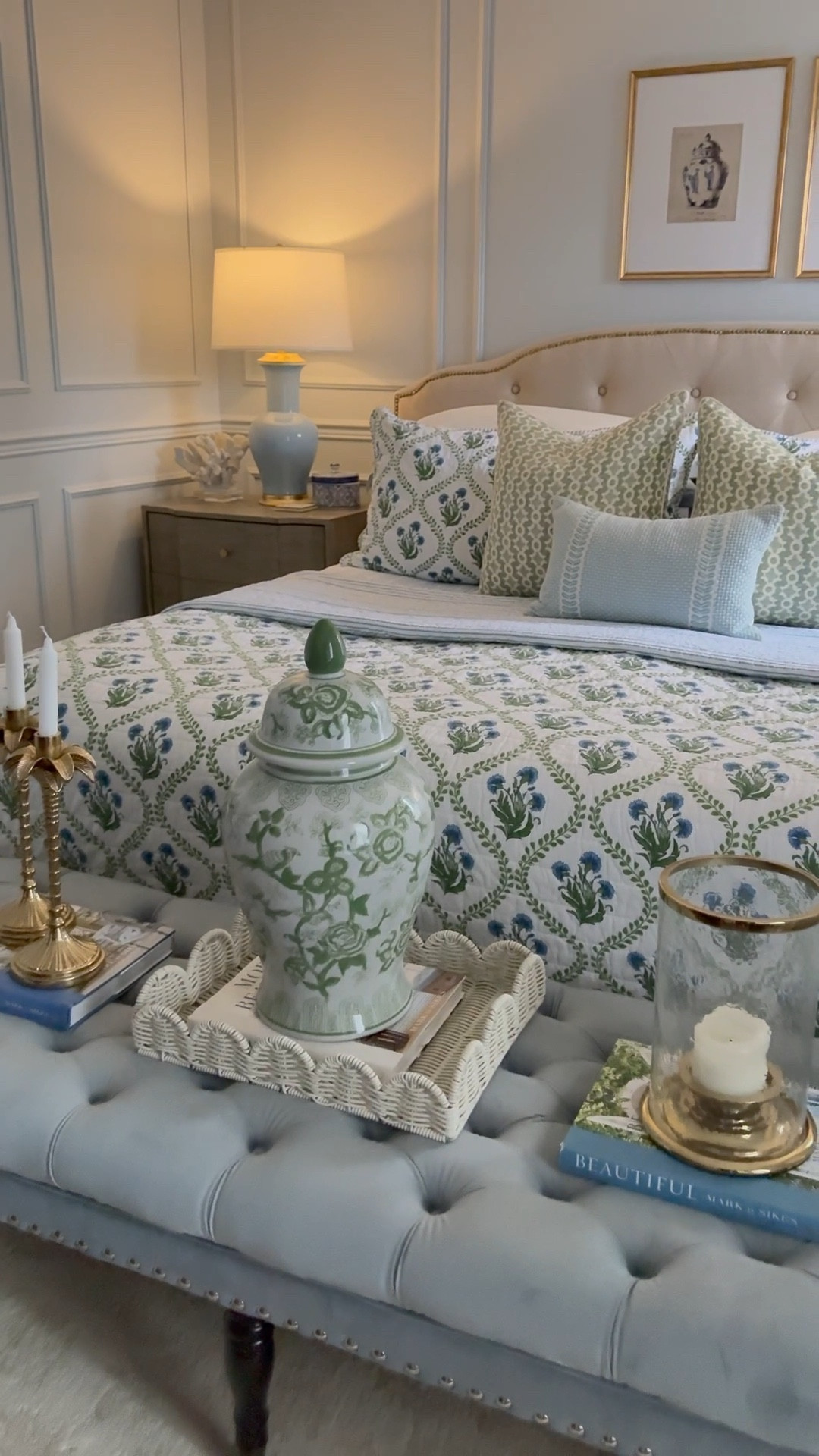 Chic spring details! Block print quilt set, ginger jars, candles, hurricanes and florals set the scene with blue and green 🩵💚