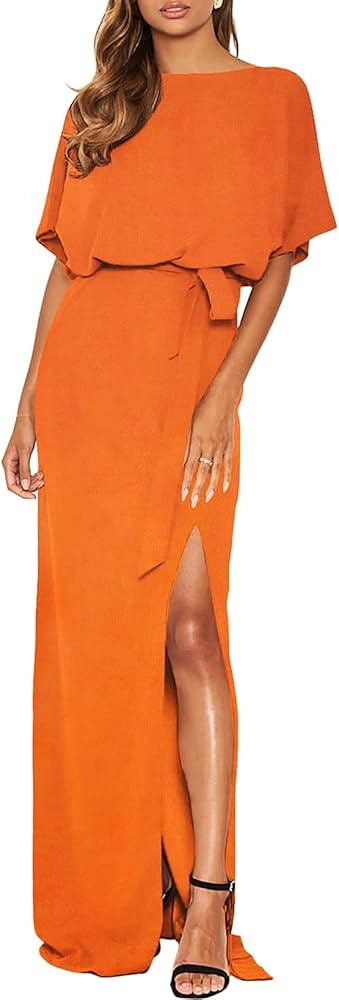 Happy Sailed Womens Formal Dress Batwing Sleeve Waist Belted High Slit Long Maxi Cocktail Party D... | Amazon (US)