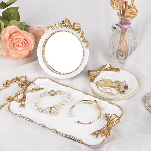 Perfume Tray Coquette Room Decor - 3 Pcs Decorative Jewelry Tray & Bow Makeup Mirror, Cute Jewelry Organizers, Aesthetic Hoom Decor for Room Bathroom Dorm, Vintage Gifts for Women, White | Amazon (US)