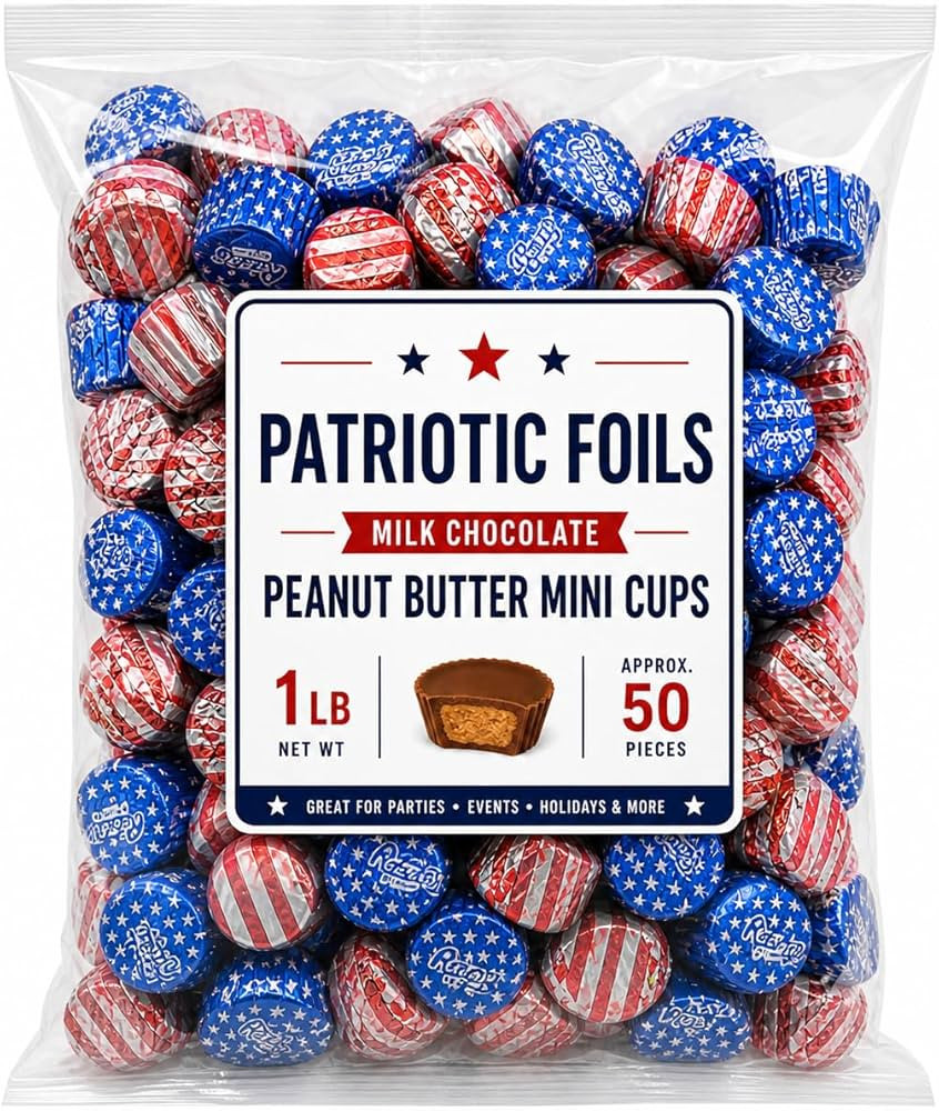 Miniature Milk Chocolate Peanut Butter Cup Candy Red White Blue Foil Wrapped Bulk Bag - 1 lb (App... | Amazon (US)