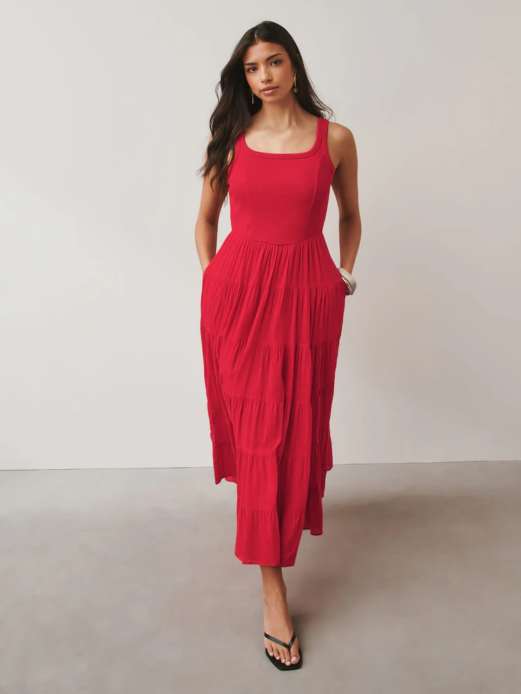 Rood - Sleeveless Square Neck Ribbed Midi Dress | Next EU