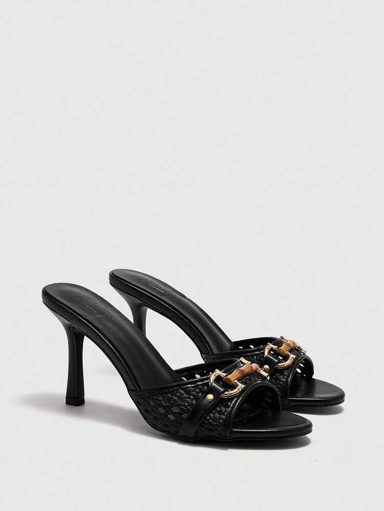 CUCCOO BIZCHIC 8.8cm Heel Height Black PU Leather Gold Buckle Decor Retro Fashion Round Toe Mule High Heel Sandals For Women | SHEIN