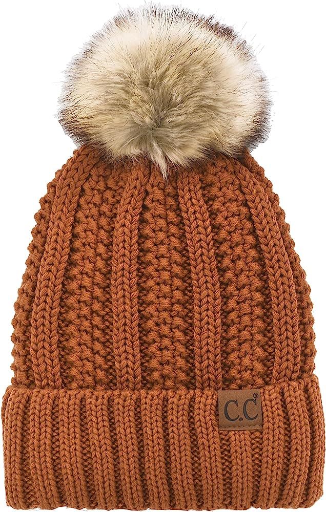 C.C Thick Cable Knit Faux Fuzzy Fur Pom Fleece Lined Skull Cap Cuff Beanie (Clay) at Amazon Women... | Amazon (US)