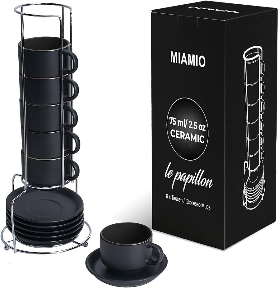 MIAMIO - 2.5 oz Espresso Cup Set with Saucers Coffee Mug Set of 6 - Ceramic Coffee Mug Stackable ... | Amazon (US)