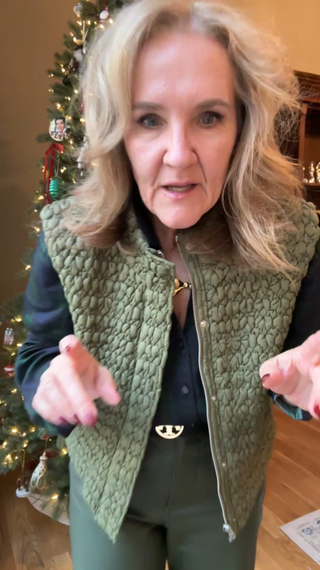 Colette pants in faux leather back in stock! Wearing size 29. They have stretch but don’t sag. So so good. 

Blouse size large. Silky black watch plaid. 

Tory Burch belt size large but I had to add an extra hole. Order your reg size. 

Faux fur size medium. Just love it. 

I’m changing in to black boots. These are prob too casual for this look. But do comfy! Tts 

Vest size large 15% off code NANETTE15 at Avara only 

Anthropologie workout for leather pants, Colette pants, green pants, olive green pants, J.Crew blouse, target faux jacket, toggle jacket 