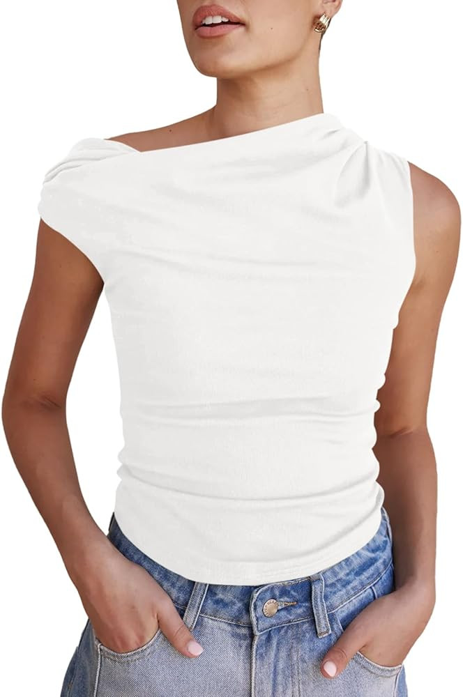Tankaneo Womens Off The Shoulder Tops Boat Neck Fitted Ruched Shirt Summer Trendy Y2K Going Out T... | Amazon (US)