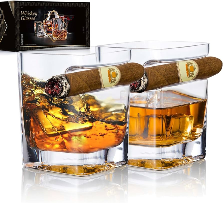 YouYah Cigar Whiskey Glasses with Cigar Holder-Set of 2,Cigar Accessories,Crystal Whisky Glass Se... | Amazon (US)