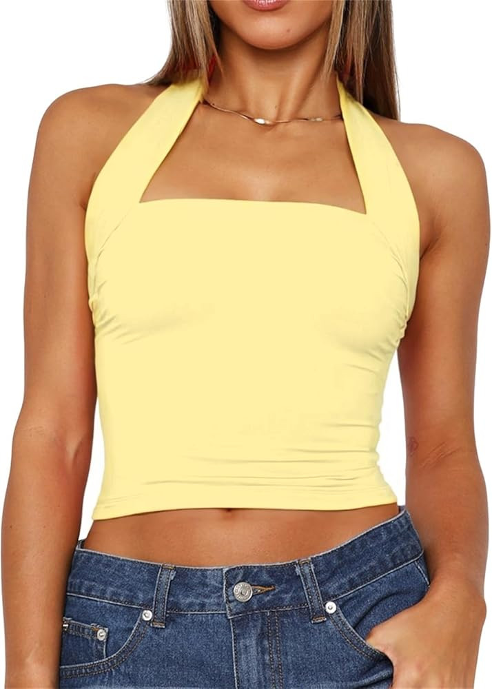 Women Sexy Halter Neck Backless Tank Top Open Back Sleeveless Slim Fit Y2k Summer Tops | Amazon (US)
