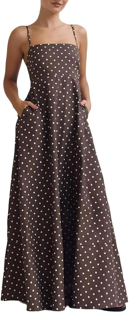 Women Polka Dot Spaghetti Strap Maxi Dress Summer Spring Hobo Sleeveless Vacation Beach Dresses F... | Amazon (US)