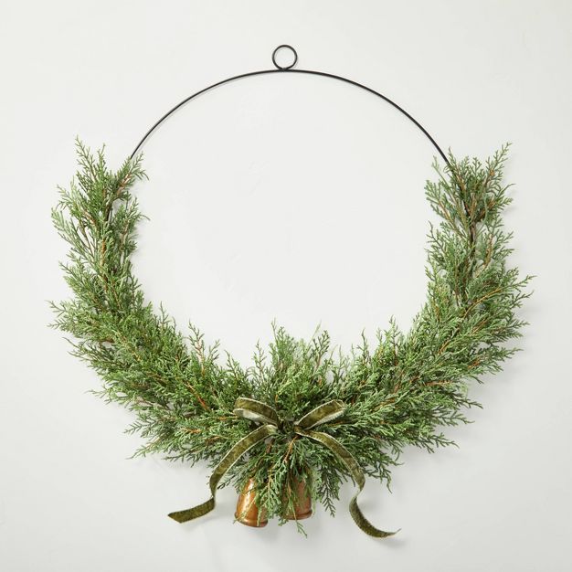 28" Cedar Sprigs Seasonal Faux Asymmetrical Wire Wreath Green - Hearth & Hand™ with Magnolia | Target